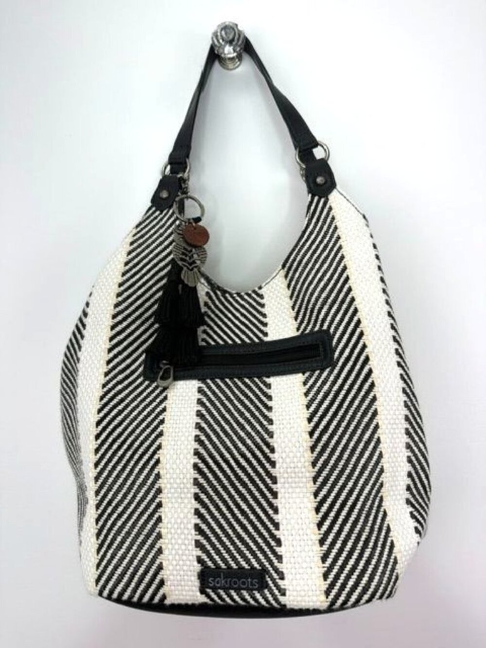 Sakroots Black/White Woven Jute ROMA SHOPPER Hobo Shoulder Bag Purse w/ Charms